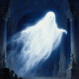 a close - up portrait of a glowing white ghost flying in massive futuristic fantastical misty classical halls of creation. night time. deep blue tones. renaissance masterpiece. highly detailed sci - fi fantasy painting by norman rockwell, frank frazetta, johfra bosschart, and syd mead. rich colors, high contrast, dark background. artstation