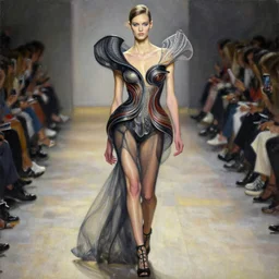 an intricate realistic oil painting of a fashion model resembling lily cole, wearing avant garde fashion, clothing by alexander mcqueen, clothing by iris van herpen, full body, headspace, runway, by tom bagshaw, by karol bak
