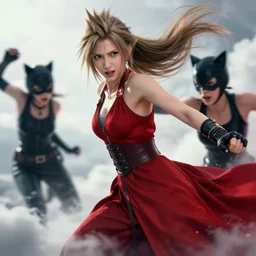 epic scene of ( most gorgeous final fantasy 7 character hyper detail in amazing detail red dress, hyper detail expressive face, detail ) ( fighting ) ( catwoman in a black tank top, detailed face ), hyper realistic 3 d render, art station, particles, epic scene, mucha, clouds, jump pose, blur focus, action,