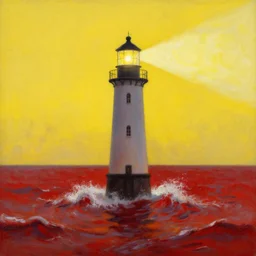 A beautiful painting of a singular lighthouse, shining its light across a tumultuous sea of blood by greg rutkowski and thomas kinkade, Trending on artstation. Yellow color scheme