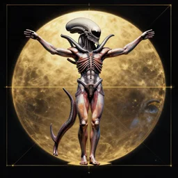space xenomorph as vitruvian man by james jean and shusei nagaoka, ultra wide angle, full body, no crop, golden ratio, retrofuturistic, hyper details