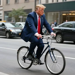 photorealistic concept art of trump is riding with bicycle on the fifth avenue of ny