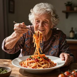 grandma posing with her spaghetti, messy gross, she needs to wash