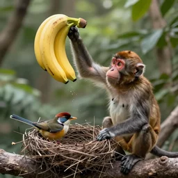 photo still of a monkey throwing bananas into a birds nest, 8 k, 8 5 mm f 1. 8