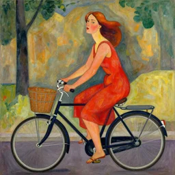 A woman riding a bicycle drunken in a red dress in the style of Modigliani.