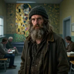 homeless man hobo with long beard in asylum, hyper detailed, digital art, trending in artstation, cinematic lighting, studio quality, smooth render, unreal engine 5 rendered, octane rendered, art style by klimt and nixeu and ian sprigger and wlop and krenz cushart.