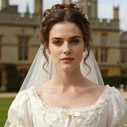 close up photo of a beautiful young woman in a wedding dress with Canon 50mm/F1.4, dramatic daylight, downton abbey, bridgerton, 4k, featured on artstation