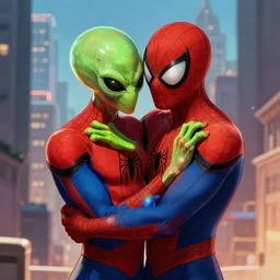 an alien hugging spiderman