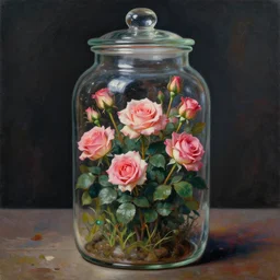 a rose garden trapped inside a jar. beautiful detailed dramatic painting by artgerm and magali villanueve and michael whelan