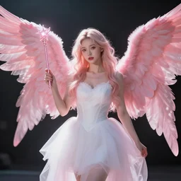 an angel with pink wings and white dress holding a wand, cenimatic lighting, hyper realistic, path tracing, fantasy art