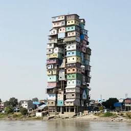 huge towers made up of stacked brutalist squatter shacks and makeshift shelters with pastel colours, suspending over a river, mamiya, f 1. 7, uniform plain sky, fine details, photographed by frans lanting