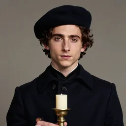 a mind - blowing portrait of fortune seeker timothee chalamet, holding a candle holder, wearing dark maritime clothing, long night cap, deep focus, d & d, fantasy, intricate, elegant, highly detailed, digital painting, artstation, concept art, matte, sharp, illustration, hearthstone, art by artgerm and greg rutkowski and alphonse mucha