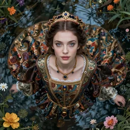 artistic portrait of an medieval princess, wearing ornate robes, beautiful eyes and lips, floating in a forest pond, flowers, art by artgerm and wlop and brom, highly detailed, 8 k, cinematic, digital painting, sharp focus, illustration, masterpiece