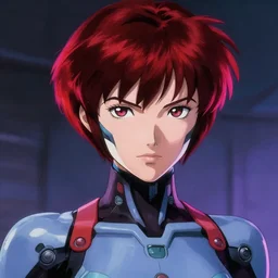intense demeanor. close face portrait. metroid bg. screenshot of a scene of pretty beautiful lithe feminine cybernetic android painted by norman rockwell. character designed by hideaki anno. bodysuit. dark neon red hair in pixie - cut. digital. lighting by james gurney. trending on artstation. masterpiece. artgerm mucha rutkowski.