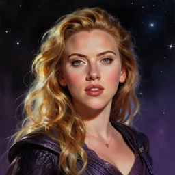 epic illustration of Scarlett Johansson as a beautiful space wizard by Paul Lehr, detailed, space opera, screen print,