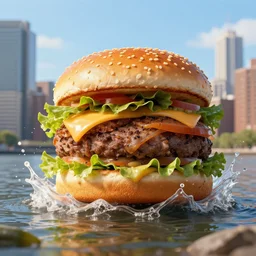 a giant delicious burger splashes into New York city river, realistic digital art, macro 25mm photo