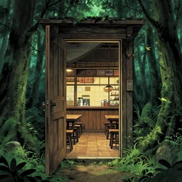 A manga illustration of an open door in a forest, the door leads to a restaurant from another world