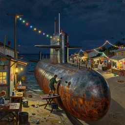 painting by dean cornwell, ilya repin, nc wyeth painting, ultra wide, vanishing point, 3 d perspective, beached submarine, award winning, up close, climbing, beaching, rust, midnight, junk town, lanterns, makeshift house, colorful lightbulb festoon lights, telephone pole, market place