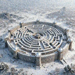 fantasy concept art, walled city abut to a labyrinth, snowy weather, 8k, high detail