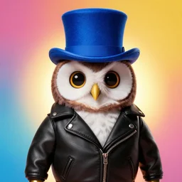 cute owl wearing black biker jacket, portrait photo, backlit, studio photo, background colorful, tophat, kobalt blue, tophat