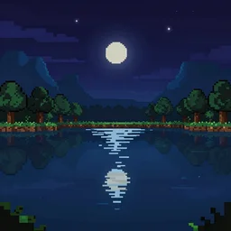 night sky reflected in the water, landscape pixel art by terraria