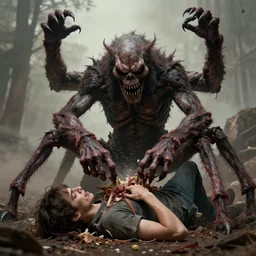 a terrifying monster with 4 arms and 8 legs eating a person.