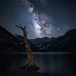 landscape photo by marc adamus, night, milky way, mountains, dead tree in the forgound, lake, besutiful, dramatic