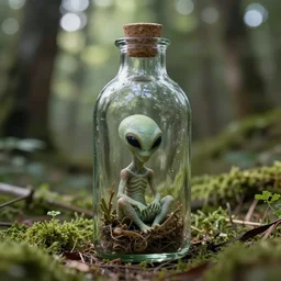 glass bottle sitting in the middle of the woods with a small Alien creature living inside of the bottle