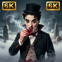 hyperrealistic portrait of charlie chaplin as a vampire janitor eating a heart - shaped fruit ruby, mystic fog smoke, above the clouds skyscrapers. by jeremy mann, alma tadema, bouguereau, fantasy art, photo realistic, dynamic lighting, artstation, poster, volumetric lighting, highly detailed face, 4 k, award winning