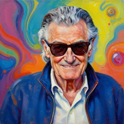 palette knife oil painting portrait of stan lee, psychedelic, dreamtime, artstation trending, artgerm, deviant art, hipster, octane, substance, art history 8 k