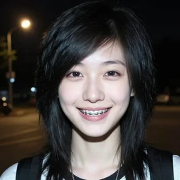 2006 photograph of a smiling emo girl with braces, pale, black hair, night time, street lights in the background
