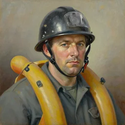 oil on canvas portrait of huey long, wearing a helmet, and flotation device