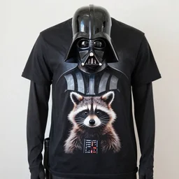 darth vader dressed with a tshirt with print of a raccoon dressed as darth vader