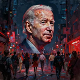 a dark street with hordes of wandering people red lights ( cybernetic joe biden's ) face hovering over the unwashed masses, dystopian, cyberpunk, dripping oil paint, thick brushstrokes, abstracted painterly techniques, high resolution