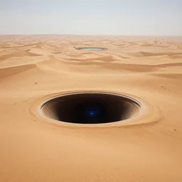 intergalactic stargate portal in the middle of a vast desert, with dunes stretching out as far as the eye can see, and a single oasis in the distance by joao ruas and george lucas