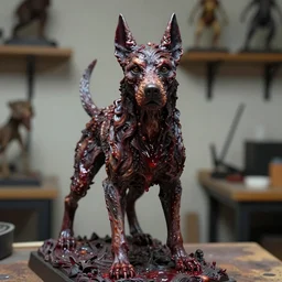 photo taken of an epic intricate, ultra detailed, super realistic sculpture of a wet bloodied slimy nightmarish hellish demonic doglike creature on display in a workshop, created by weta workshop, full body shots, photorealistic, sharp focus, f 0. 4, face centred, macro photography, golden ratio,