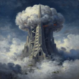 oil painting of a gigantic tower of doom, surrounded by clouds, midnight, 4 k, artstation