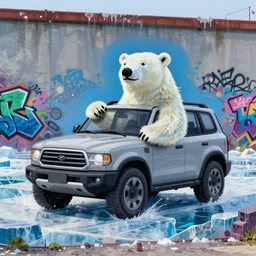 a graffiti showing a polar bear driving an suv on ice - n 8