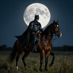 Batman riding a horse in the field, with a full moon, at night, photo realistic