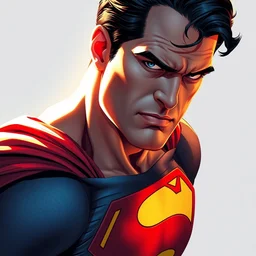 close up superman, in the style of artgerm and charlie bowater and atey ghailan and mike mignola, vibrant colors and hard shadows and strong rim light, epic lighting, comic cover art, plain background, trending on artstation, detailed