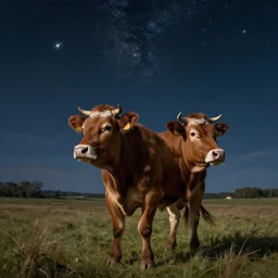 a two headed brown calf ( alone ) in a pasture, windy, stoic, modern, cgsociety, hyperdetailed, dramatic, stars, epic painting, shooting stars, painted by jean honore fragonard and greg rutkowski, full body, octane render, sharpness, 8 k, golden ratio