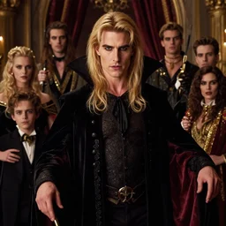 majestic gracious regal aristocratic a long blond haired young tom cruise as vampire lestat de lioncourt portrait, luxurious indoor setting, menacing, atmospheric lighting, painted, voluptuous, menacing, intricate, volumetric lighting, rich deep colours masterpiece, sharp focus, ultra detailed, by leesha hannigan, ross tran, thierry doizon, kai carpenter, ignacio fernandez rios