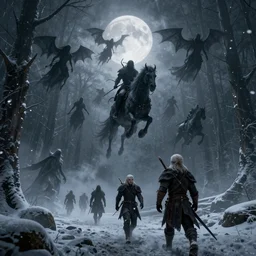 the wild hunt, wraiths riding in the sky, spectres, mythical creatures in undead nightmare, bad omen, aflutter enchanted forest, dauntless witchers pursuing, blizzard storm, fog, full moon, snowy environment, hyperrealism, atmospheric, cinematic, breathtaking, award winning, groundbreaking, octane render, unreal 5, intricate digital art, 8 k