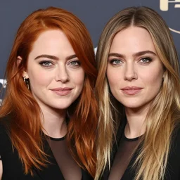 high quality headshot photograph of a model that looks equally like emma stone and like mila kunis.