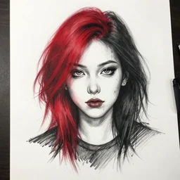 Girl with red and black hair, grunge, drawing a portrait, photography