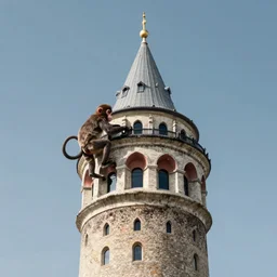 3 d rendering of a monkey climbing on galata tower, in the style of untitledarmy, sharp focus, subsurface scattering