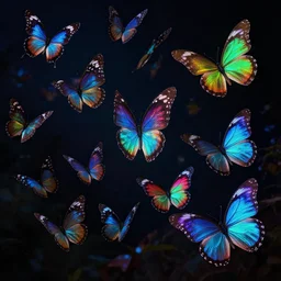highly detailed photo of many colorful glowing butterfly flying in dark night, hyper realistic, art by greg rutsowski, concept art, 8 k detail post - processing