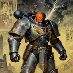 composition of gothic and futuristic, warhammer, cyber armor, more and more scars, thunderstorm, orange head, some yellow and blue, the middle ages, highly detailed, artstation, in the style of moebius, jugendstil and classic japanese print, art by jean delville