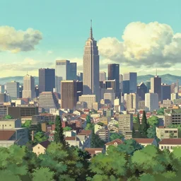 city skyline, Details, illustration , in the style of Studio ghibli, tekkon kinkreet, akira, breath of the wild, myazaki, anime, clean render, denoise, rule of thirds