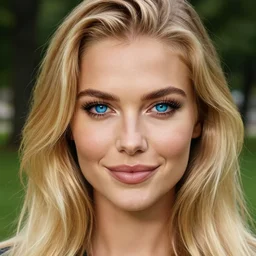 an insanely detailed portrait of a beautiful woman facing you in the park, highly detailed features, sparkling blue eyes, long eyelashes, long golden blonde hair, beautiful smile, in the style of peter mohrbacher, artgerm, dramatic lighting and composition, octane render, trending on artstation, concept art 8 k